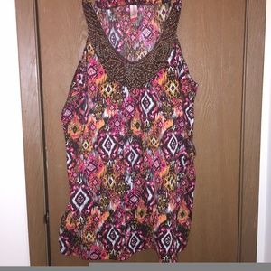 Pink and brown patterned tank top w/ beaded collar