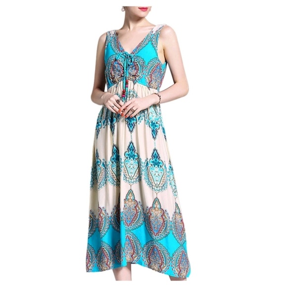 Dresses & Skirts - Blue and Cream Sleeveless  Dress
