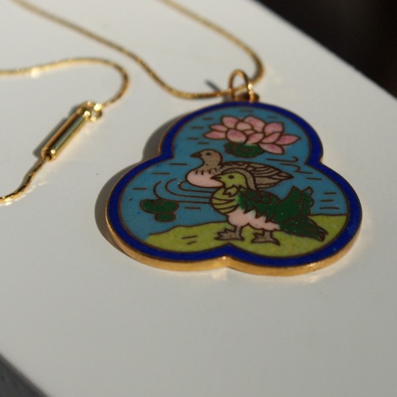 Enamel Duck/Lotus Scene Cloisonné Pendant - Picture 3 of 8