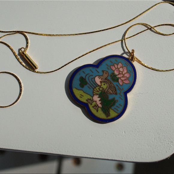 Enamel Duck/Lotus Scene Cloisonné Pendant - Picture 2 of 8