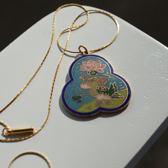 Enamel Duck/Lotus Scene Cloisonné Pendant - Picture 1 of 8