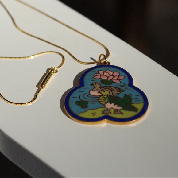 Enamel Duck/Lotus Scene Cloisonné Pendant - Picture 4 of 8