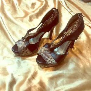 BCBG! Snake skin, platform, zip up heels!