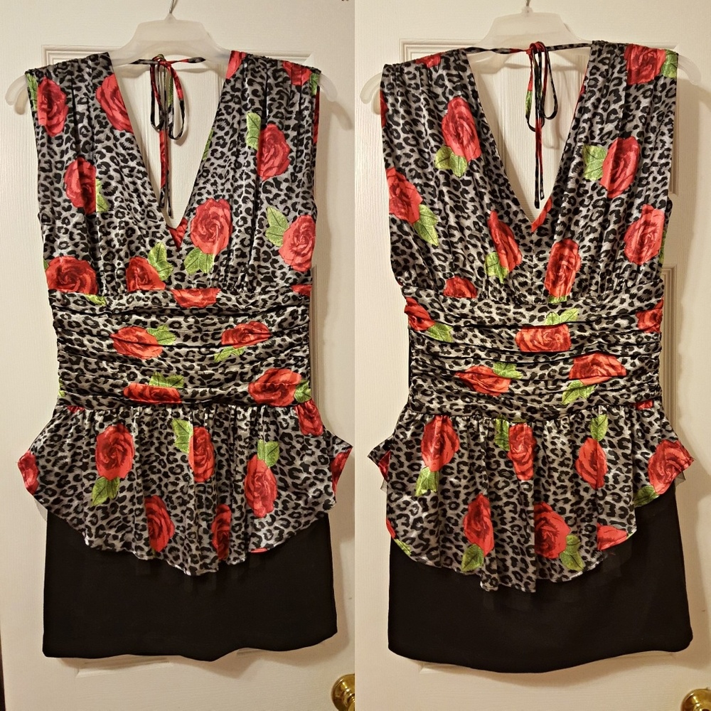 🚫 Forever 21 Peplum Dress w Rose & Leopard Design