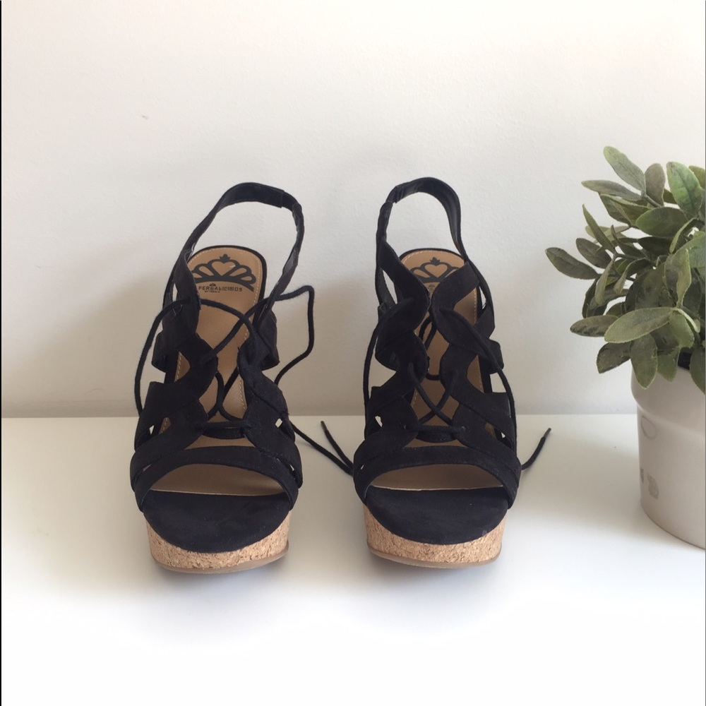 Black crisscross heels with cork platform