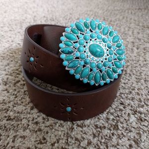 Brown Belt with Turquoise Bejeweled Buckle