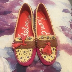 Studded color blocked leather loafers