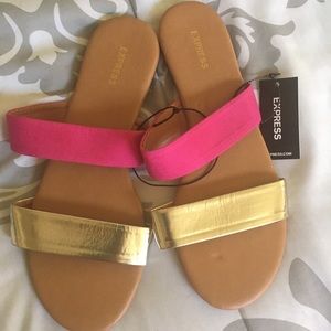 Express gold and fuchsia sandals