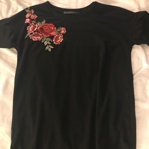 Black T-shirt with Rose Embroidery