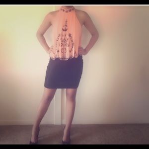 Halter neck peach and black dress