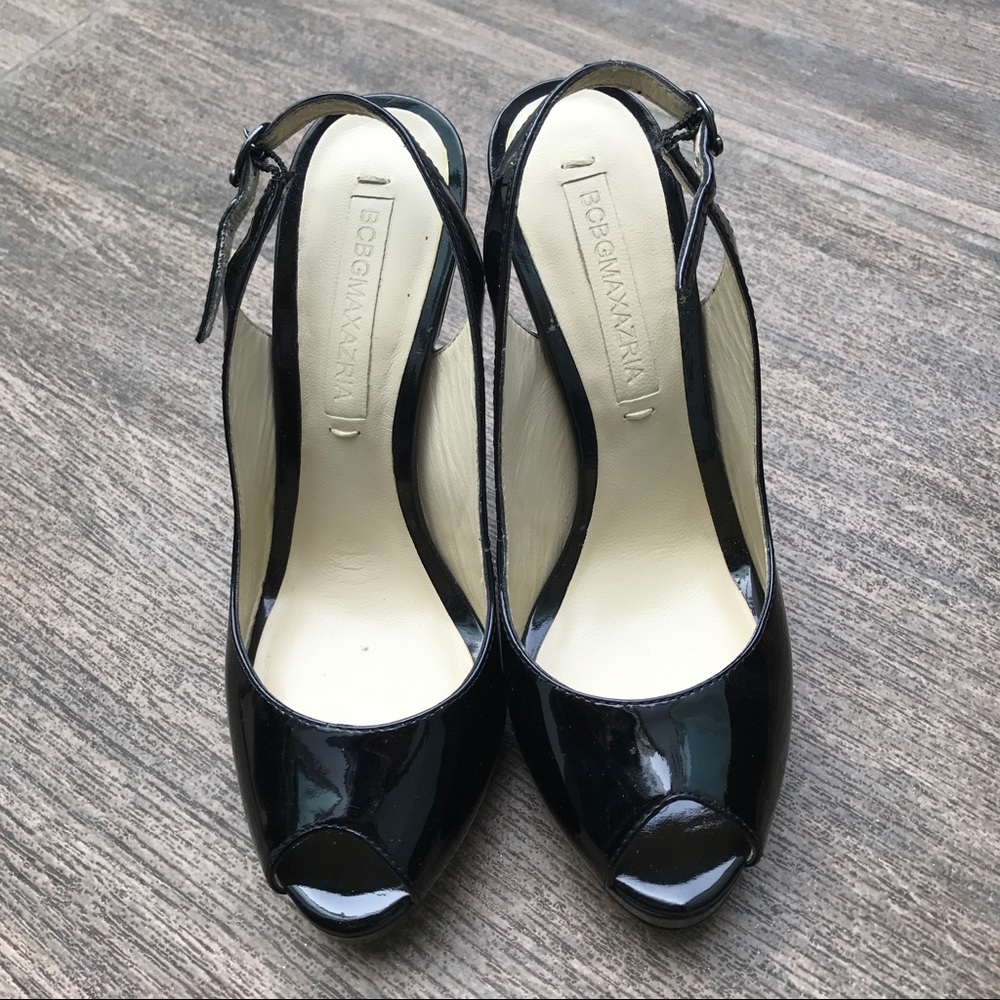 BCBGMAXAZRIA Libby Black Patent Peep Toe Pumps