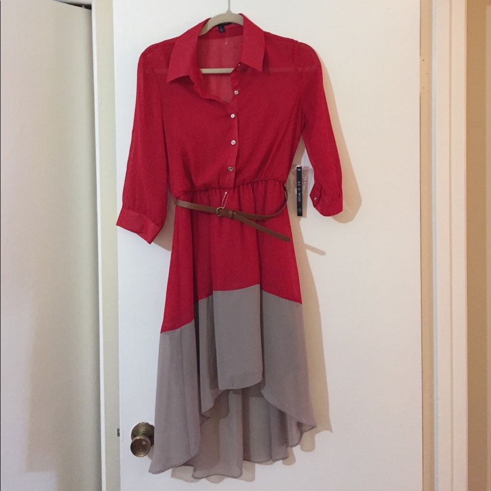 Red and tan high low shirt dress with belt. NWT.