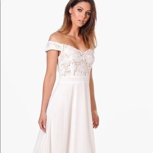 Lace and Chiffon Off the Shoulder Midi Dress