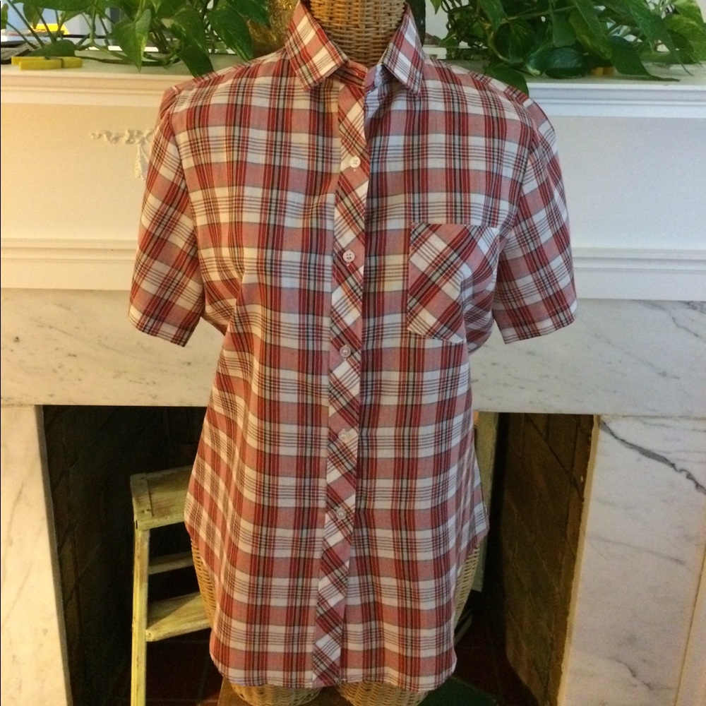 Vintage Red Plaid Short Sleeve Shirt Blouse New