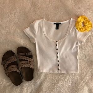 White Ribbed Button-Up Crop Top
