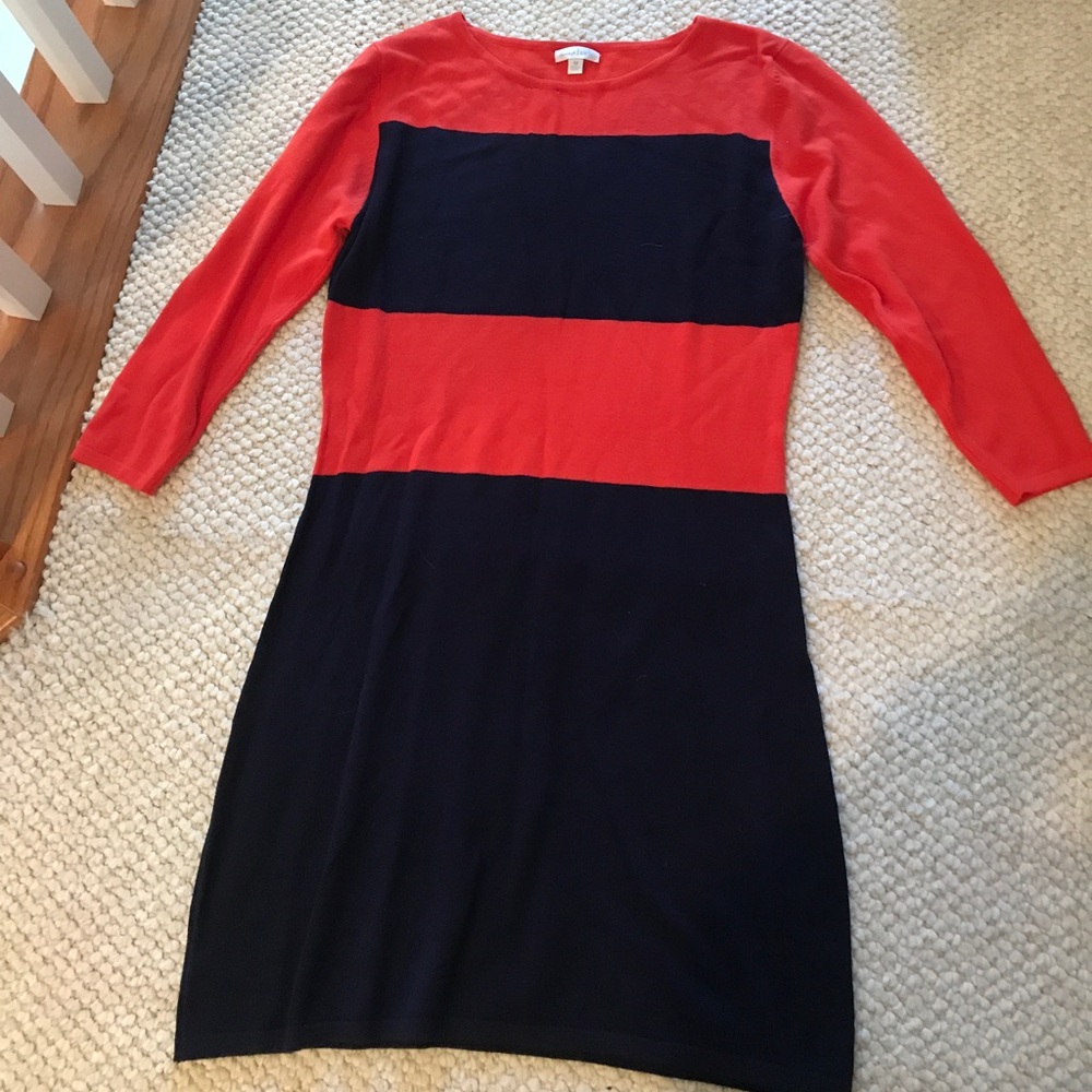 Orange and navy sweater dress
