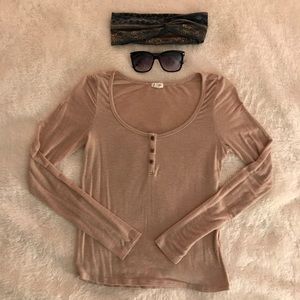 Tan Button Down Long Sleeve Tee