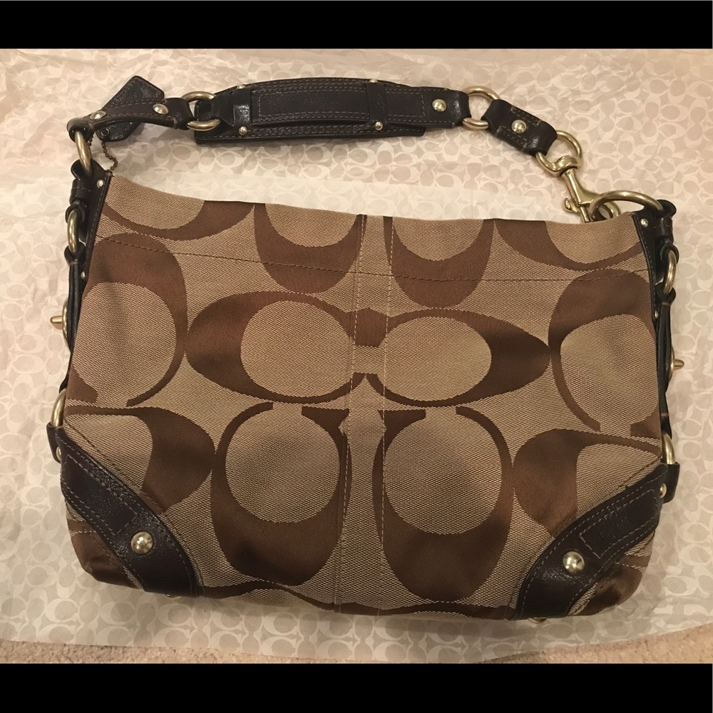 Coach khaki brown signature Carly hobo shoulder