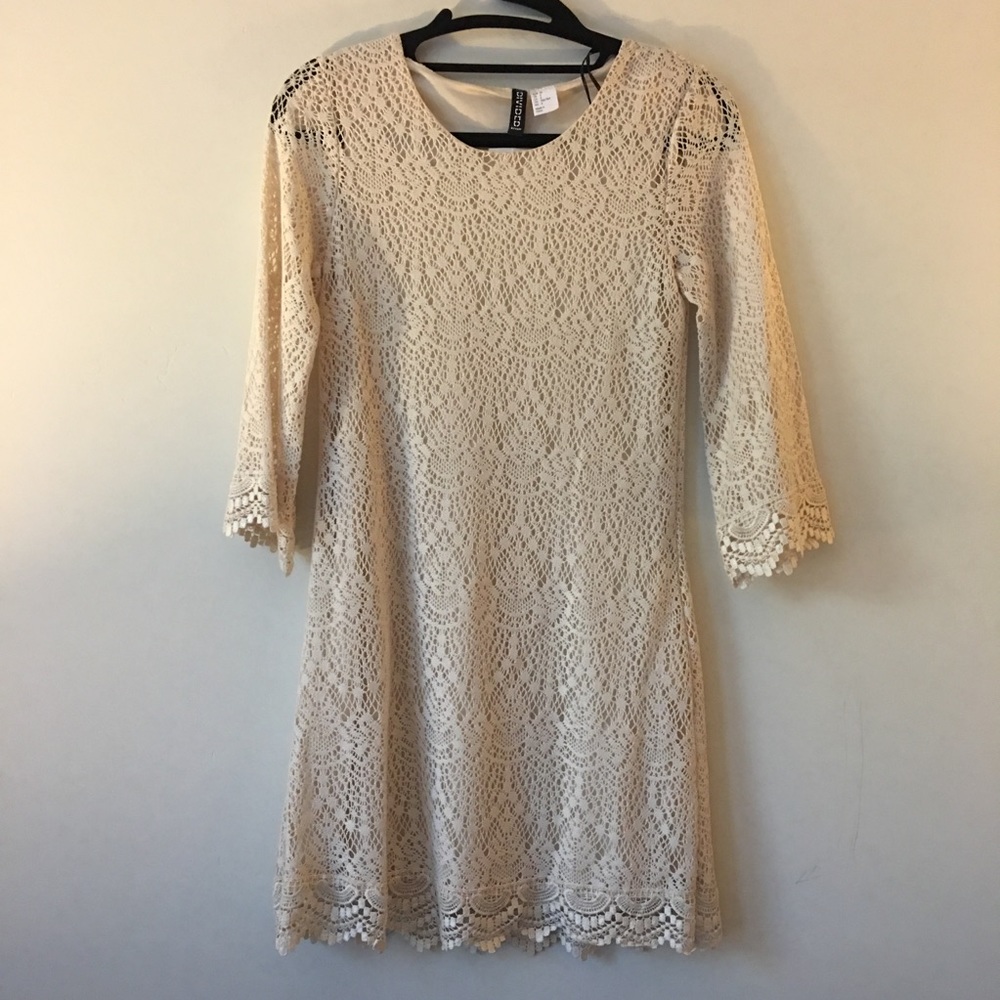 Cream Crochet Long Sleeve Dress