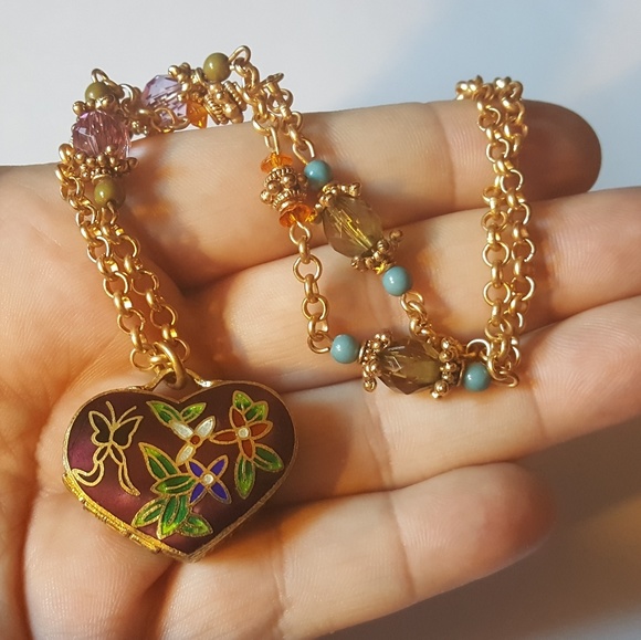 VTG Heart Cloisonne Box Locket Necklace - Picture 4 of 8