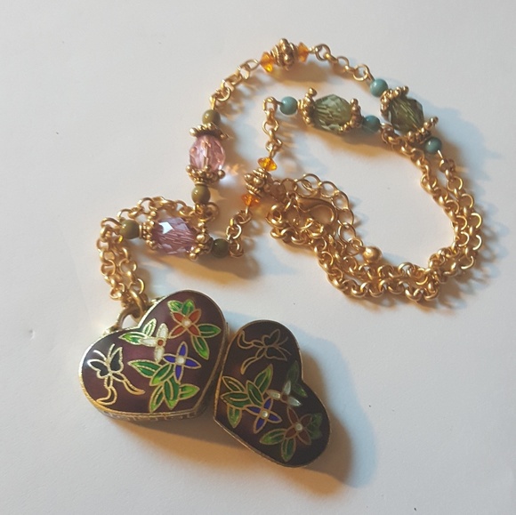 VTG Heart Cloisonne Box Locket Necklace - Picture 5 of 8