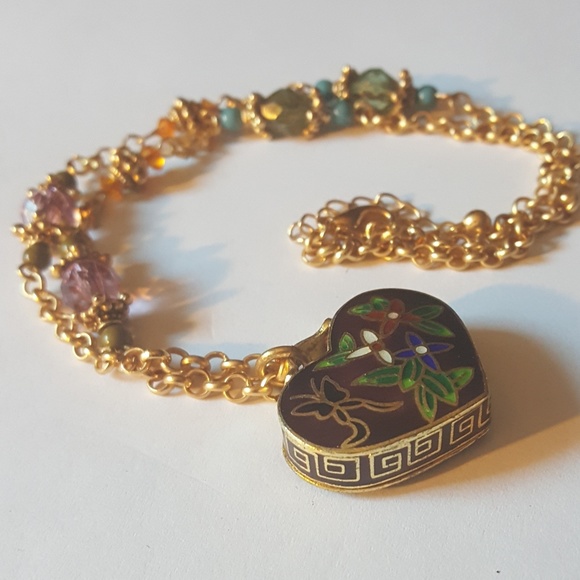 VTG Heart Cloisonne Box Locket Necklace - Picture 2 of 8