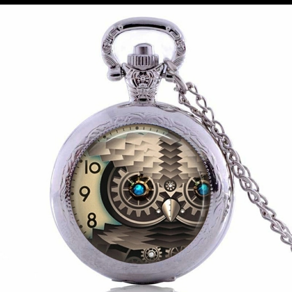 Sale*Steampunk owl necklace cabochon pocket watch