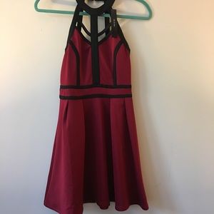 Burgundy & Black Halter Skater Dress