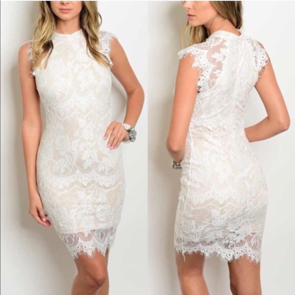 New White & Nude Lace Bodycon Dress