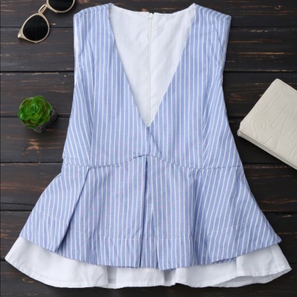 Plunge striped skirted top with belt