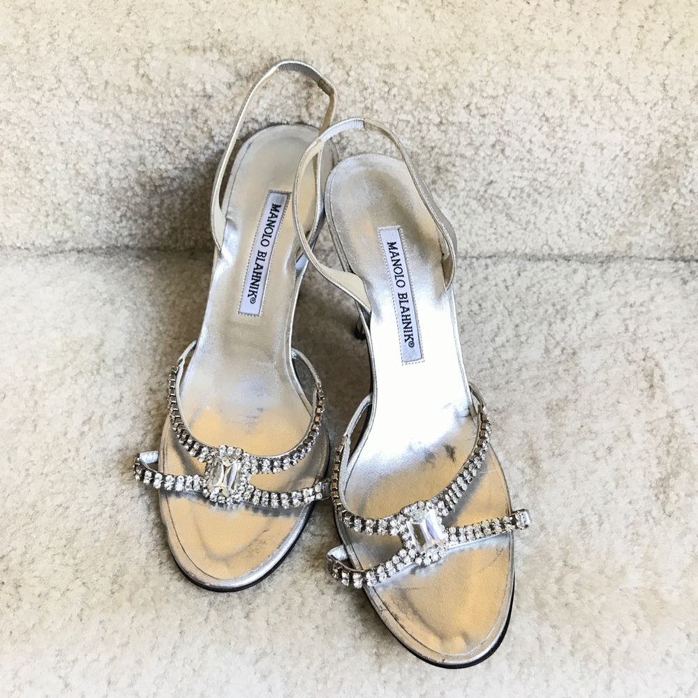 MANOLO BLAHNIK crystal silver sling back sandals