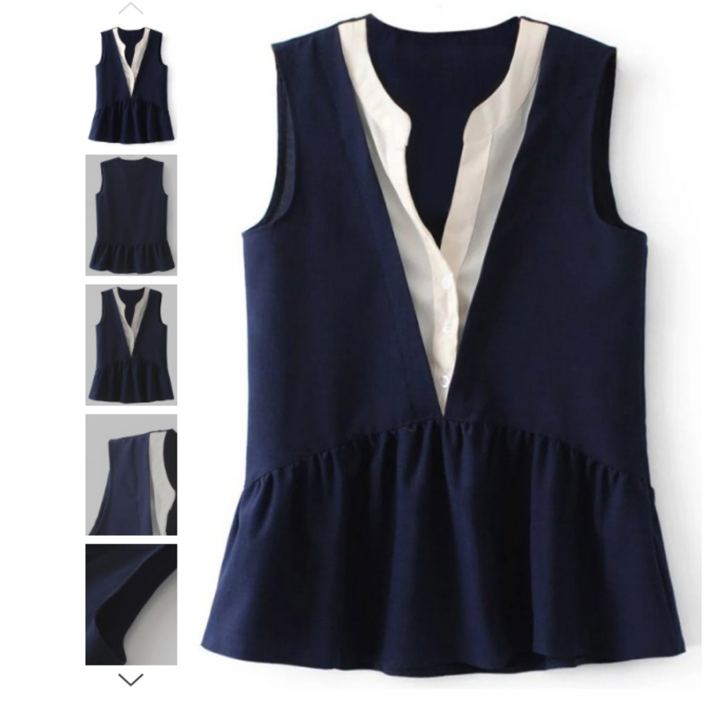 Sleeveless layered plunge skirted blouse.