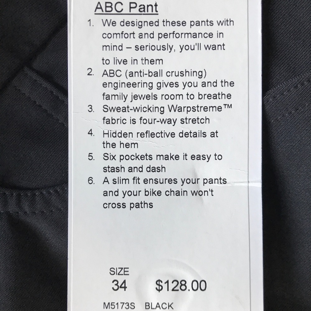 lululemon NWT Mens ABC Pant Black Sz 34