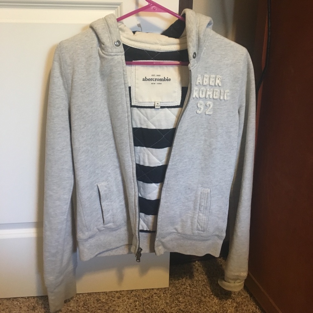 Gray jacket with a hood.