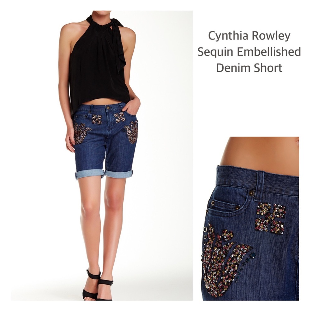 CYNTHIA ROWLEY NWT Sequin and Bead Embellished Denim Jean Shorts Size 26