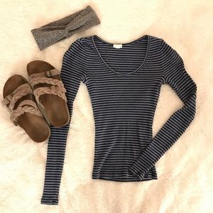Striped Body Con Long Sleeve Scoop Neck Shirt