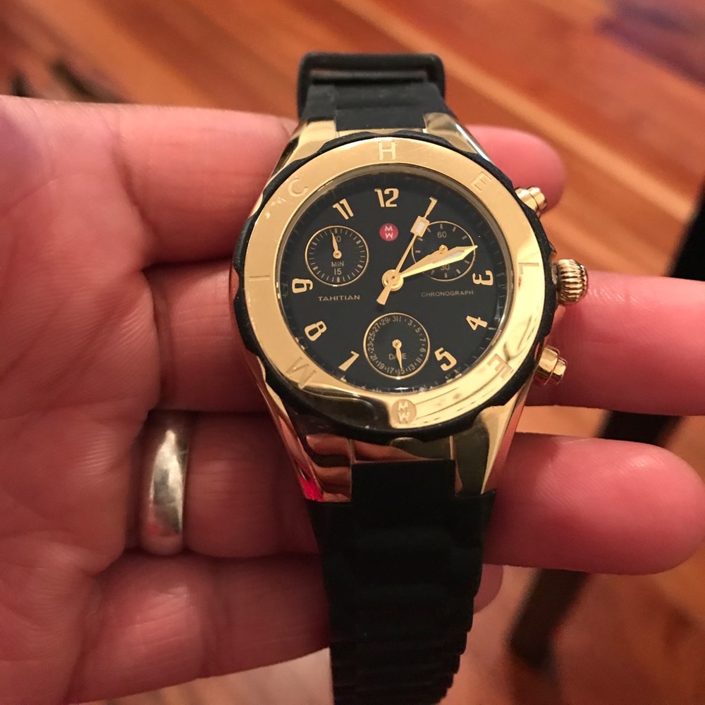 Black and gold jelly band Michele watch