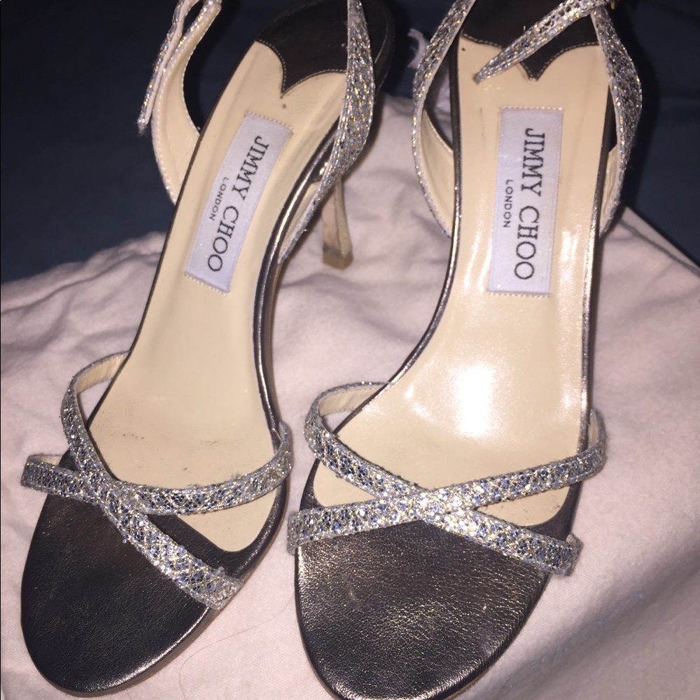 👡⭐️ Jimmy Choo silver sparkle strappy heels