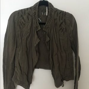 Free People Bomber Style Embroidered Khaki Jacket