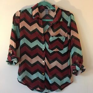 Sheer Chevron Button-Down Top
