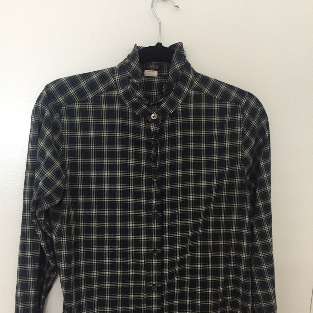 J Crew Plaid Ruffle Neck Button Down Blouse