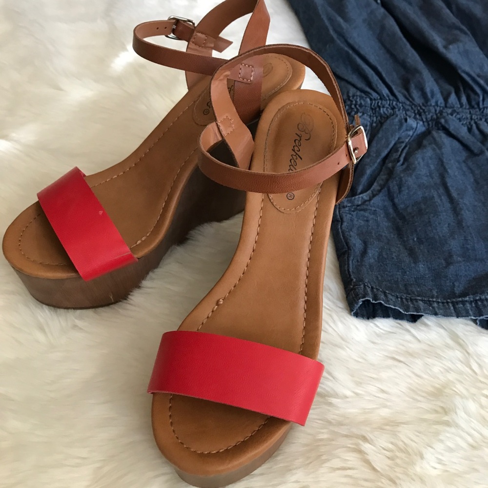 NWOT Wedge Sandals with Red Strap