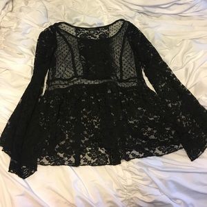 Torrid 00 lace peplum long sleeved blouse, black