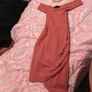 Blush pink over the shoulder dress