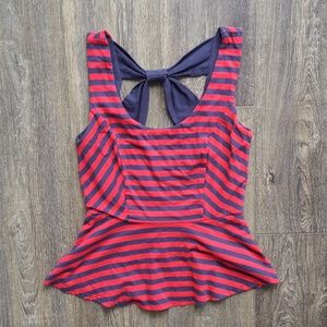 Monteau Navy & Red Striped Peplum Bow Tank - M