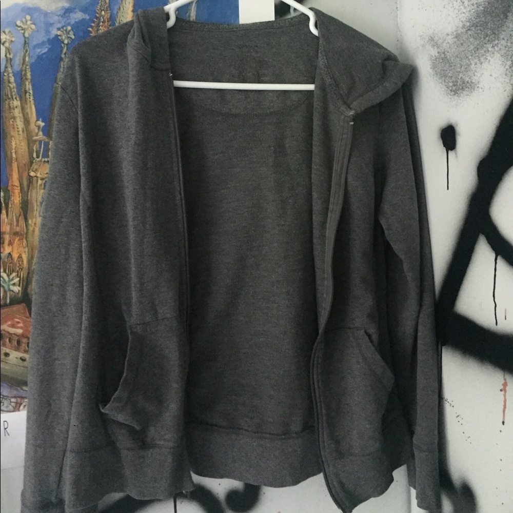 zip up hooded grey activewear sweatshirt