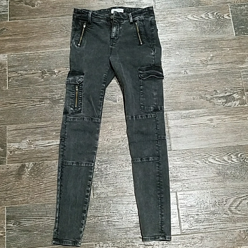 Zara Gray Skinny Cargo Jeans Distressed 2 34