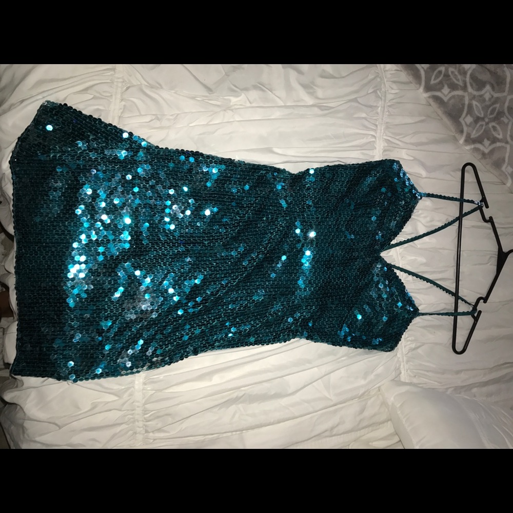 teal sequenced open back dress