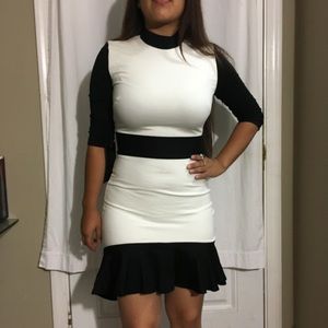 Bebe cream and black dress