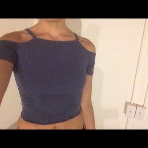 Two ribbed, halter crop tops with off the shoulder